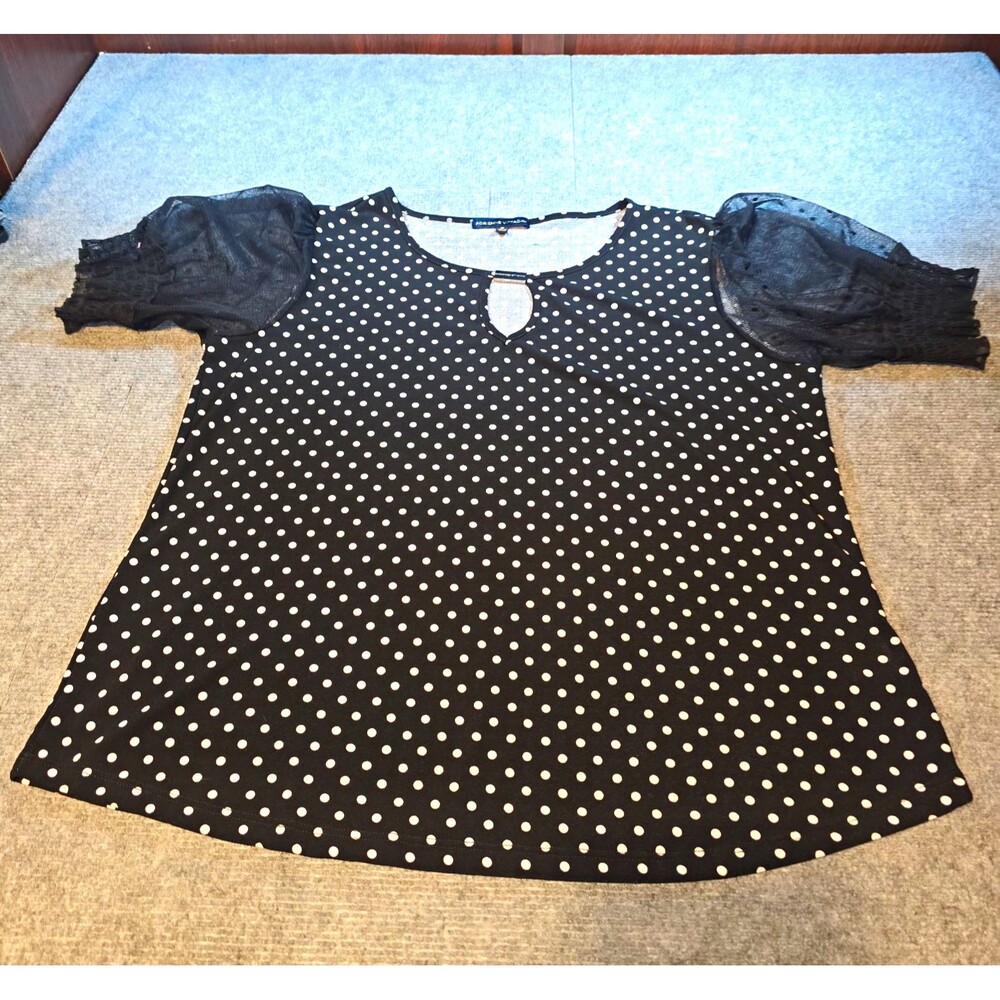 Adrienne Vittadini Women’s XL Black White Polka Dot Mesh Puff Blouse